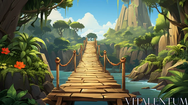 Wooden Bridge Illustration in Jungle AI Image