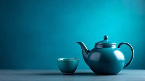 Blue Ceramic Teapot and Teacup on Wooden Table