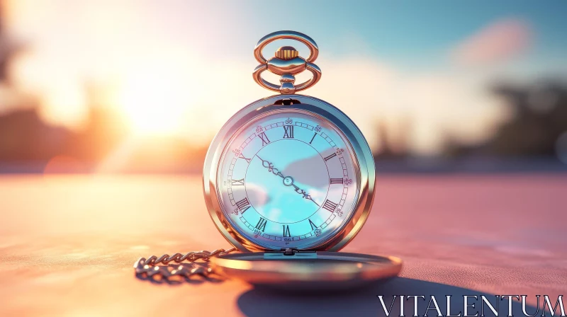 Gold Pocket Watch 3D Rendering at Sunset AI Image