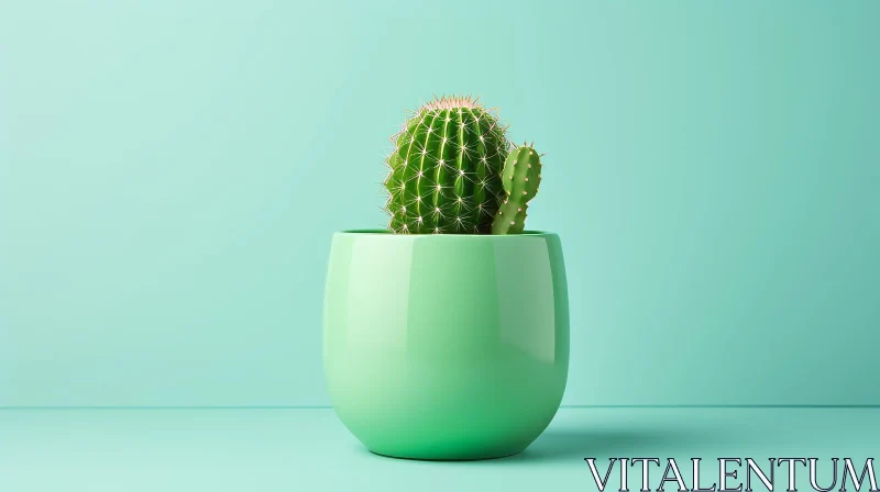 Green Cactus in Pot on Pale Green Background AI Image