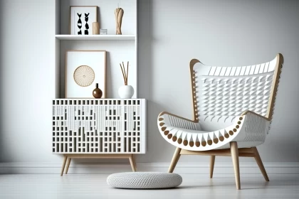 Modern Living Room Interior with White Chair and Intricate Weaving