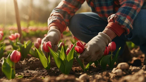 Person Gardening in Tulip Field under Sunlight