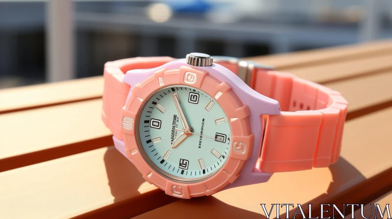 Stylish Pink and Blue Wristwatch on Wooden Table AI Image