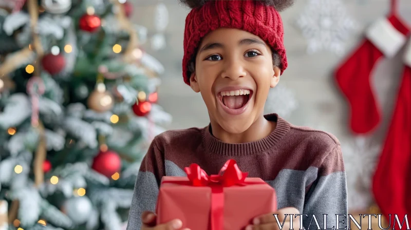 AI ART Surprised African-American Boy with Christmas Gift