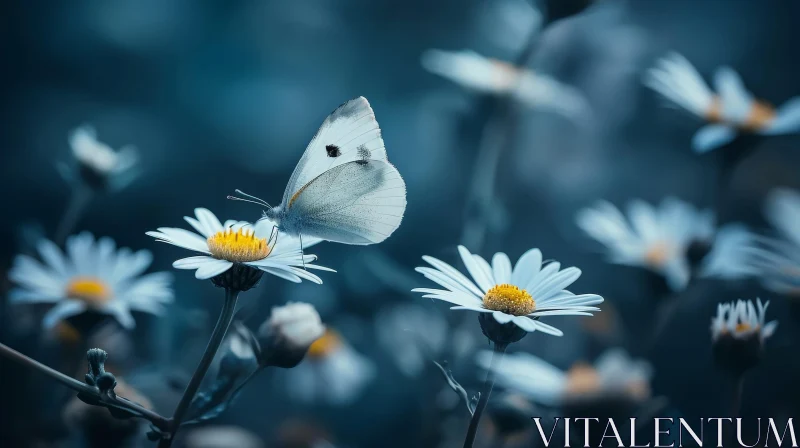 White Butterfly on Daisy Flower - Nature Close-up Photography AI Image