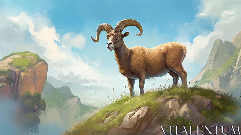 Bighorn Sheep Digital Painting on Rocky Hilltop AI Image