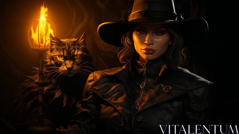 Dark Portrait of a Woman with Lantern and Cat AI Image