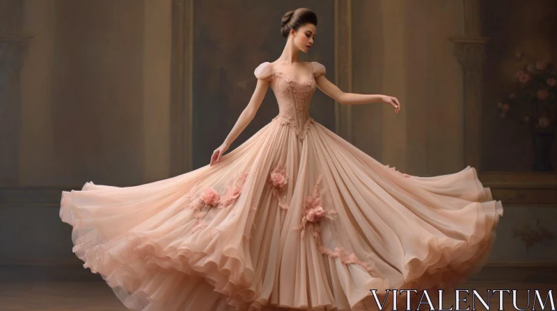 Elegant Woman in Pink Ball Gown in Grand Ballroom AI Image