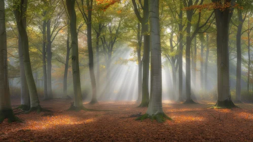 Enchanting Autumn Forest Scene with Sunlight Filtering Through Trees