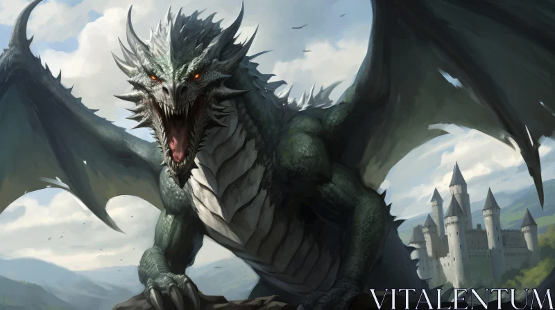 Green Dragon Roaring at Castle - Fantasy Digital Art AI Image
