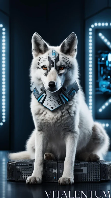 Majestic White Wolf with Blue Eyes in Enigmatic Setting AI Image