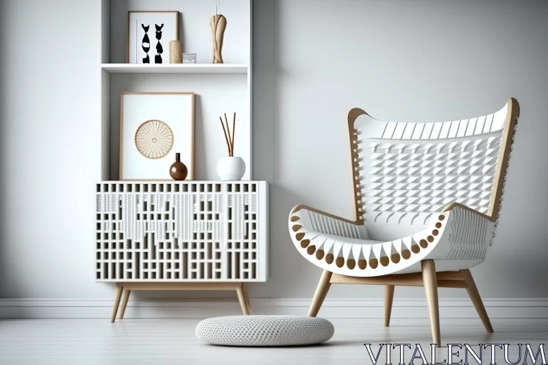Modern Living Room Interior with White Chair and Intricate Weaving AI Image