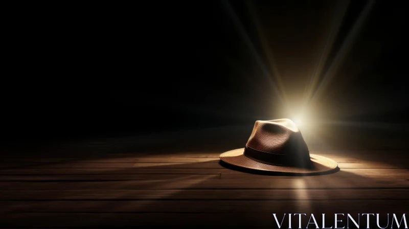 Mysterious Wooden Stage with Spotlight and Fedora Hat AI Image
