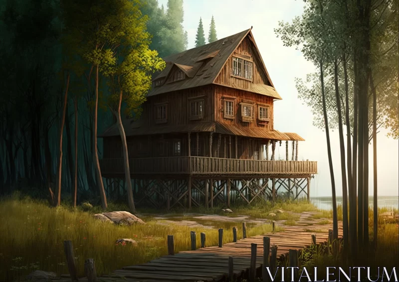 Rustic Charm in a Forest: Hyper-Realistic House on Bridge Artwork AI Image