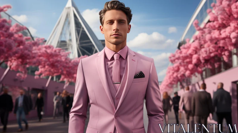 Serious Young Man in Pink Suit on City Street AI Image