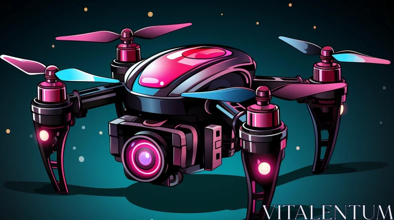 Black Drone with Pink and Blue Propellers on Dark Blue Background AI Image