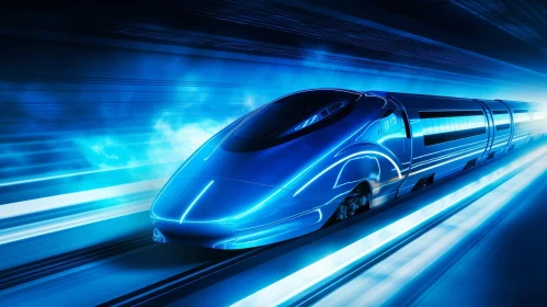 Blue High-Speed Train in Futuristic Tunnel