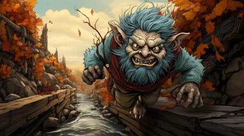 Blue-Skinned Goblin Cartoon Running Over Wooden Bridge