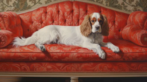 Cavalier King Charles Spaniel Dog on Red Velvet Couch Painting