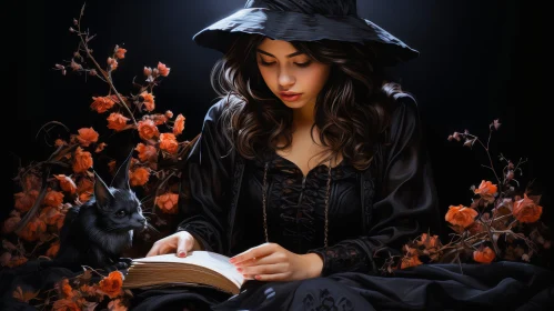 Enchanting Witch Reading in Dark Forest
