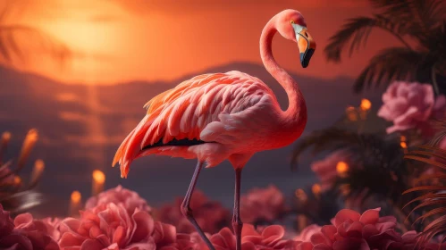 Graceful Flamingo in Pink Flower Field at Sunset