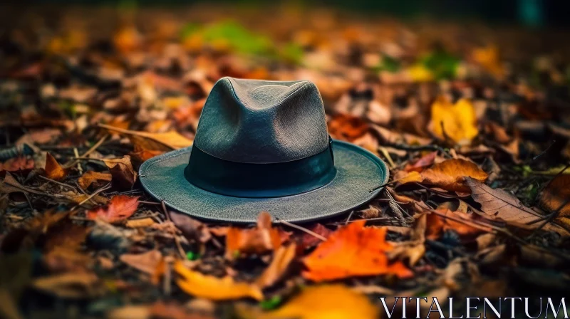 Autumn Forest Elegance: Gray Fedora Hat on Fallen Leaves AI Image