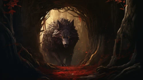 Black Wolf in Dark Forest - Mysterious Digital Painting