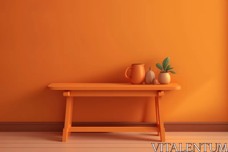 Captivating Artwork: Orange Wall and Wooden Table with Vase AI Image