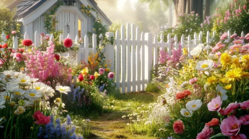 Colorful Cottage Garden with Roses and Tulips