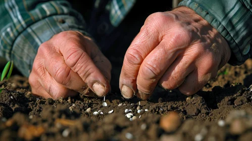 Farmer Planting Seeds in Dark Soil