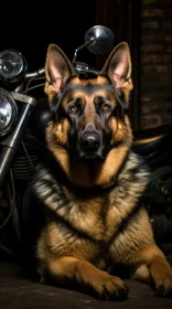 German Shepherd Dog and Motorcycle in Garage