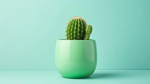 Green Cactus in Pot on Pale Green Background