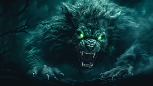 Green Lion in Dark Forest - Digital Painting