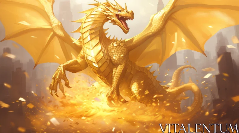 Majestic Gold Dragon in City - Fantasy Artwork AI Image