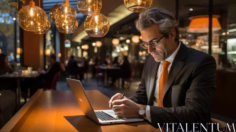 Professional Man Working on Laptop in Restaurant AI Image