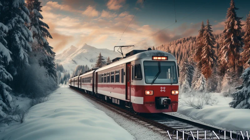 Red and White Train Traveling Through Snowy Forest at Sunset AI Image
