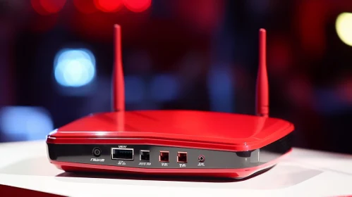 Red Wi-Fi Router with Antennas and Ports on White Table