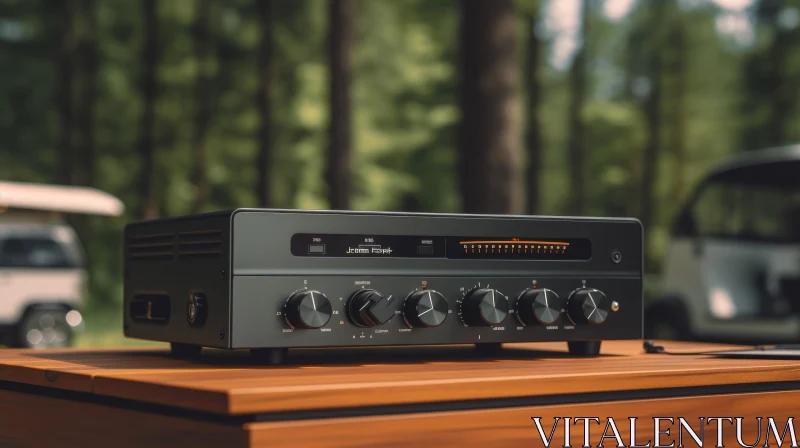 AI ART Vintage Black Stereo Receiver on Wooden Table Outdoors