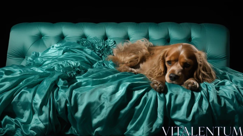 Brown and White Cocker Spaniel Dog on Green Silk Bed AI Image