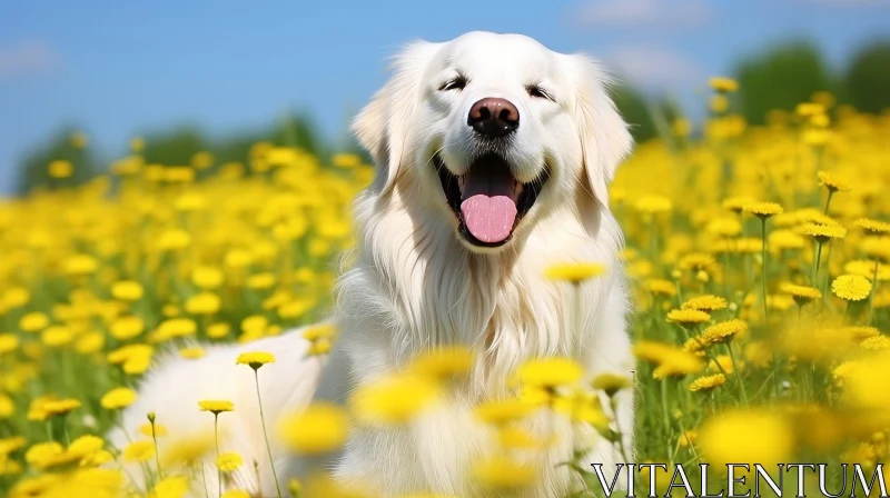 Cheerful Golden Retriever Dog in Field of Flowers AI Image