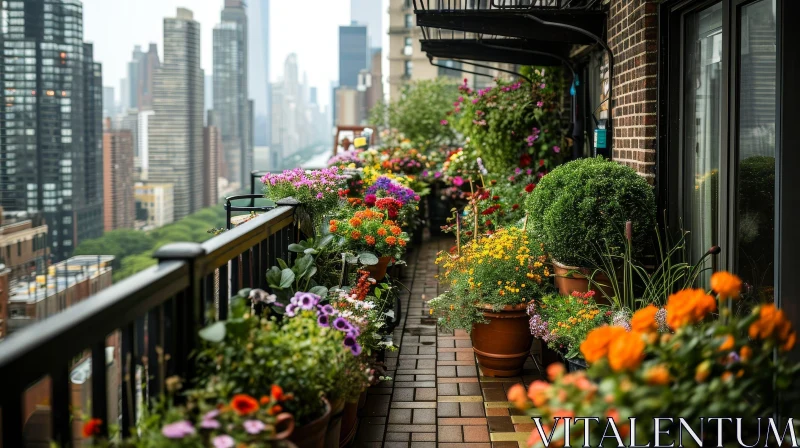 City Rooftop Terrace with Colorful Flowers AI Image