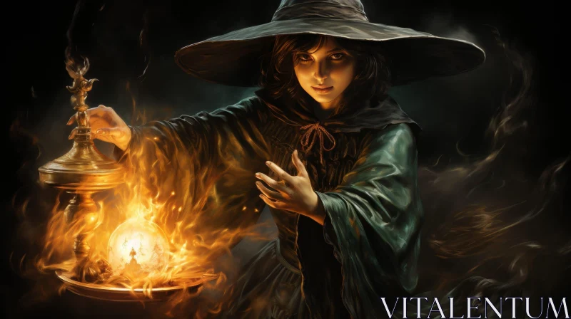 Enchanting Woman in Green Robe with Fire Orb AI Image