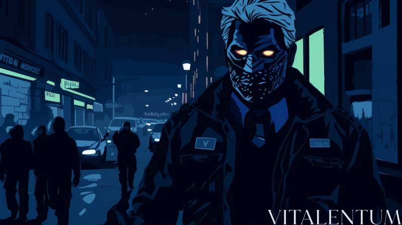 AI ART Enigmatic Masked Man in Dark City Scene