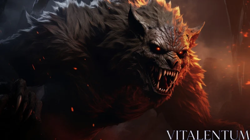 Fiery Werewolf in Dark Forest - Powerful Creature Art AI Image