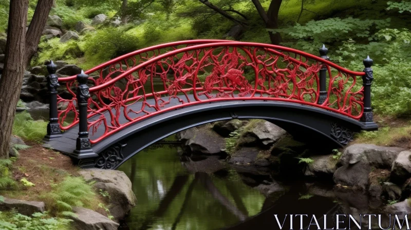 Red Metal Bridge in Lush Green Forest AI Image