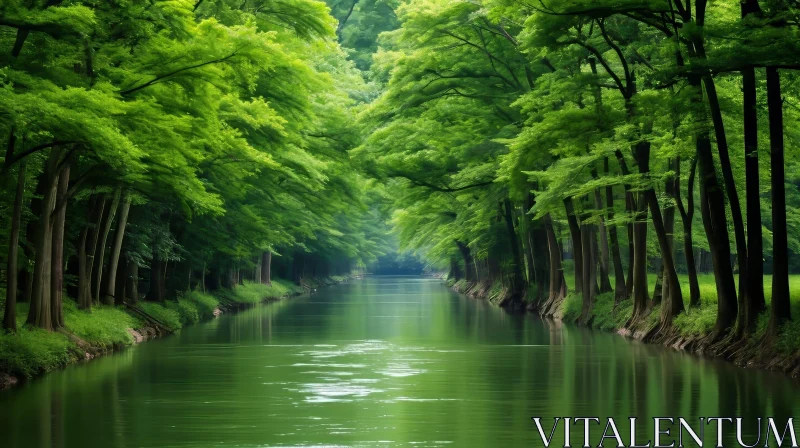 AI ART Tranquil Green Forest with Flowing River