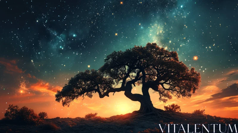 Tranquil Sunset Landscape with Tree and Stars AI Image