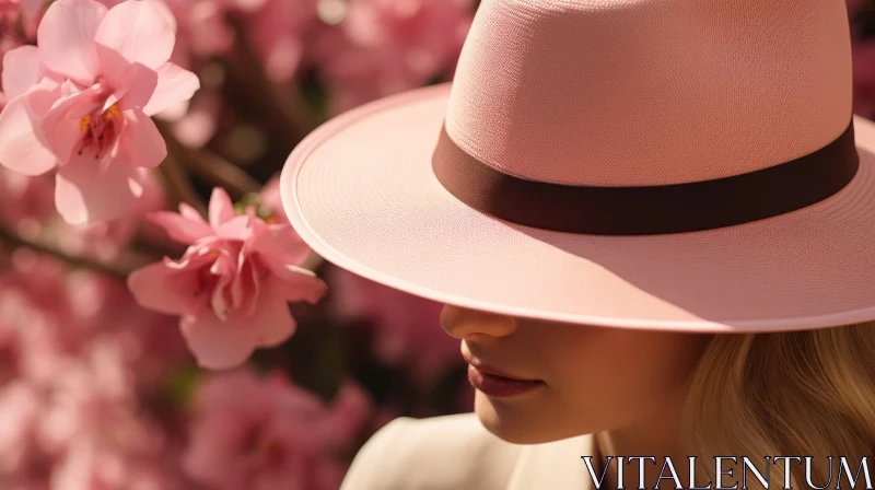 Young Woman in Pink Hat Among Flowers AI Image