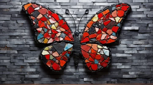 Colorful Mosaic Butterfly Art on Stone Wall