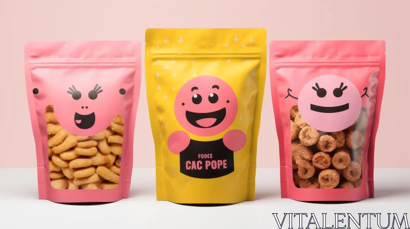 Colorful Snack Bags with Smiling Faces on Pale Pink Background AI Image